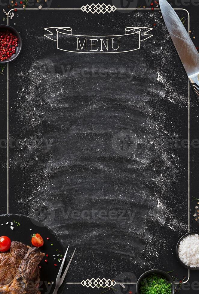 Design concept for restaurant meat and grill menu mockup. Black rustic chalkboard with white inscription and frame, top view, copy space for text and logo photo