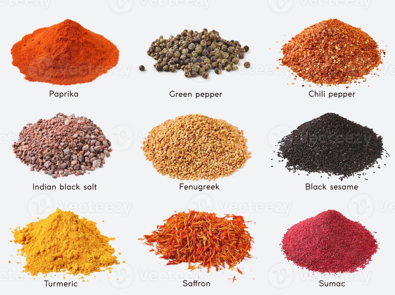 Different kinds of spices with names on white background photo