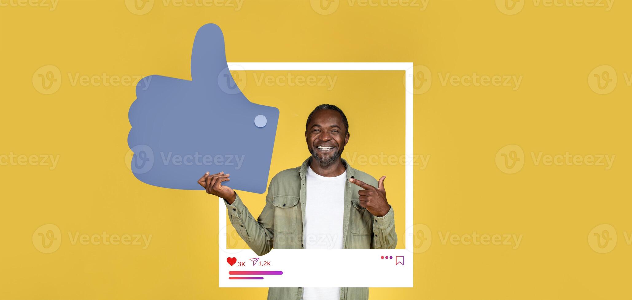 A cheerful individual smiles and makes a thumbs up gesture, promoting engagement and positivity. The bright yellow background highlights the excitement of social media interaction. photo