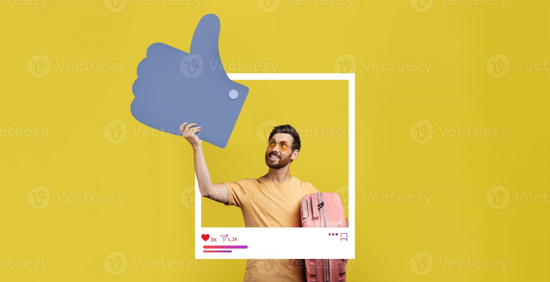 An enthusiastic influencer is smiling while holding a large thumbs-up symbol. He stands in front of a vibrant yellow backdrop, showcasing excitement for social media interactions. photo