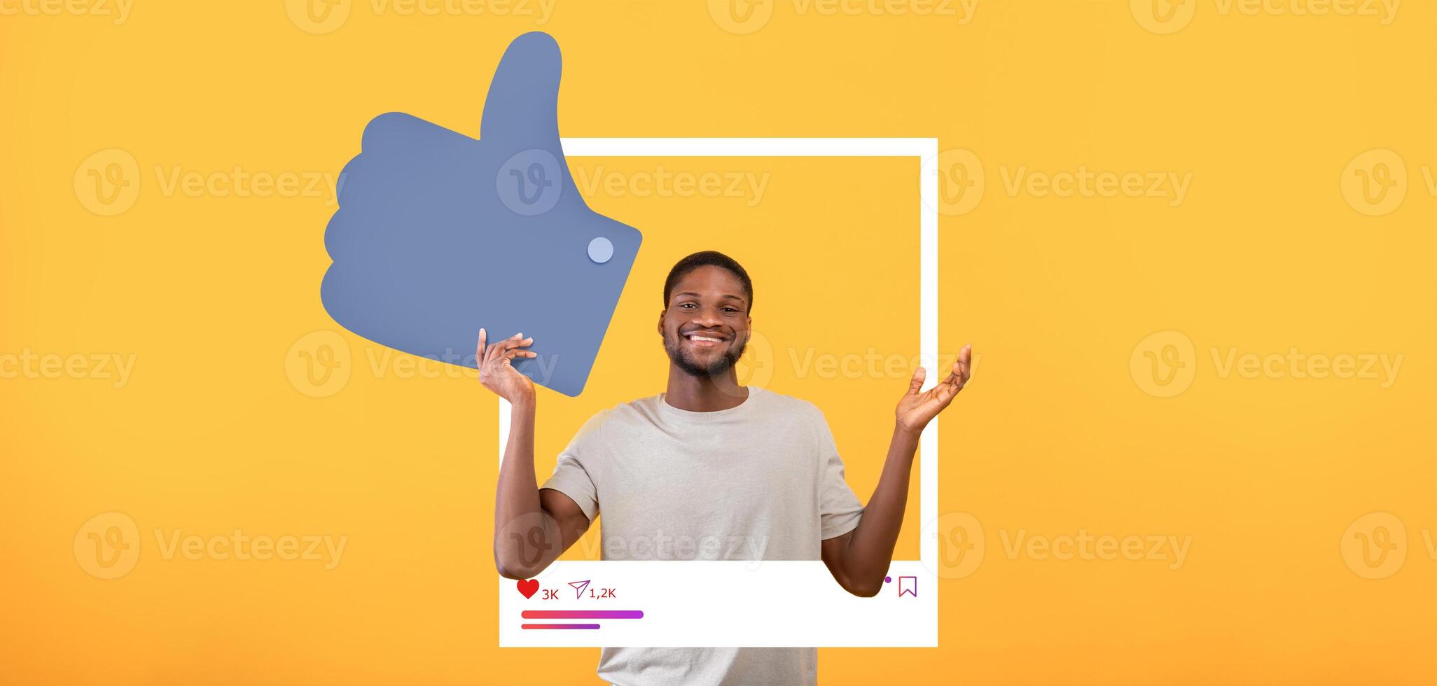 A smiling individual gestures with thumbs up in front of a bright yellow background. This setup highlights social media engagement, reflecting the influencer's vibrant personality and positive energy. photo