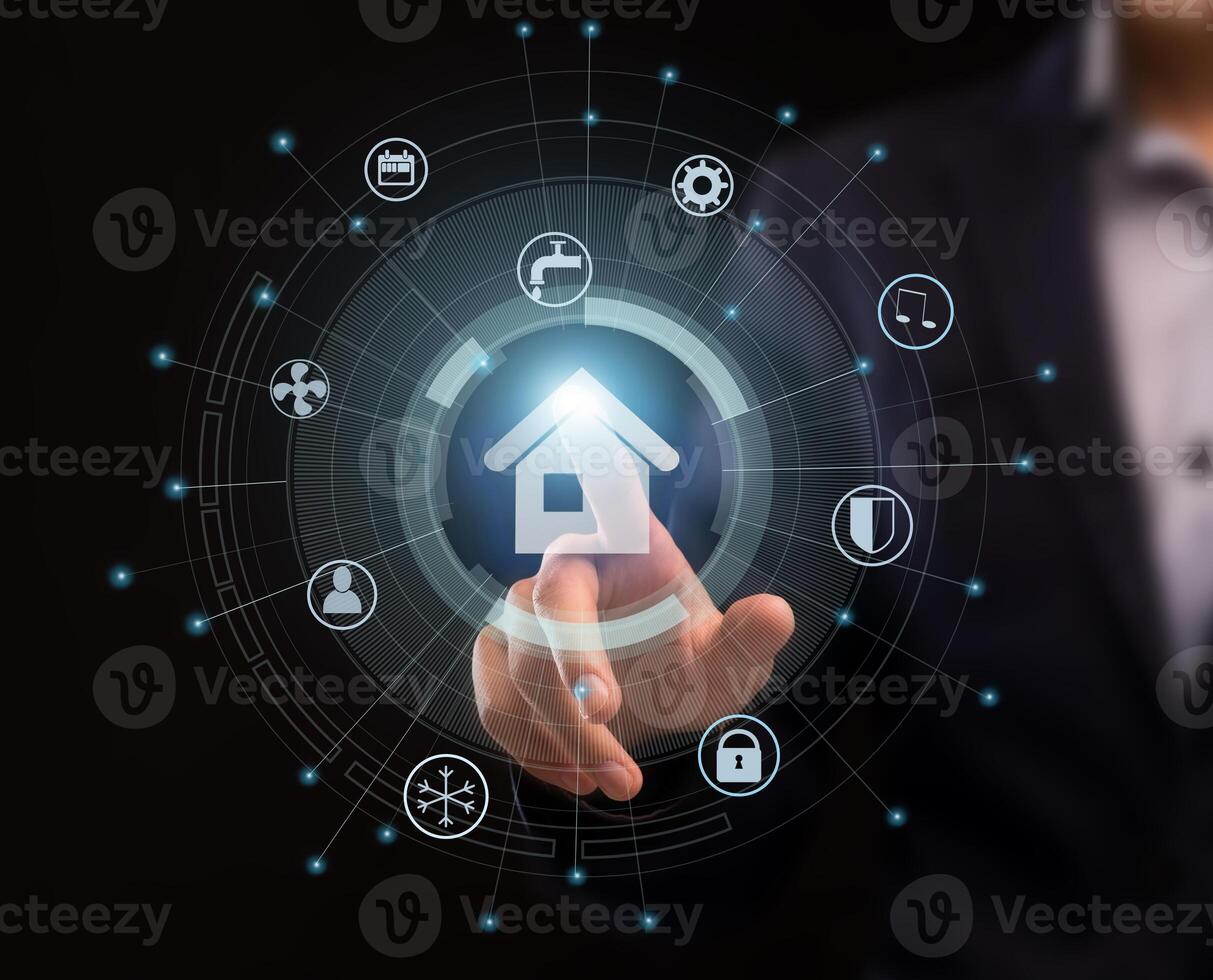 Futuristic technologies concept. Collage with male hand pushing SMART HOME pictogram on imaginary screen photo