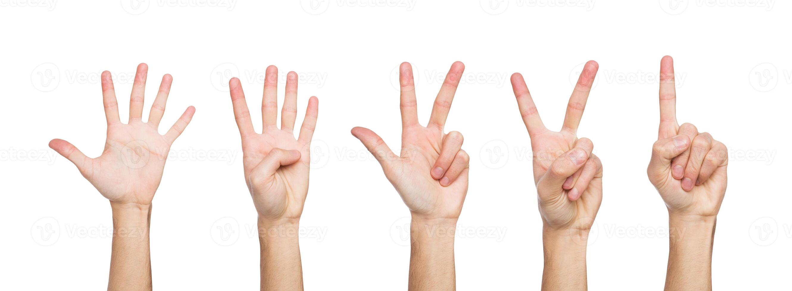 Set of white male hand show figures, count one, two, three, four, five. Isolated ar white background photo
