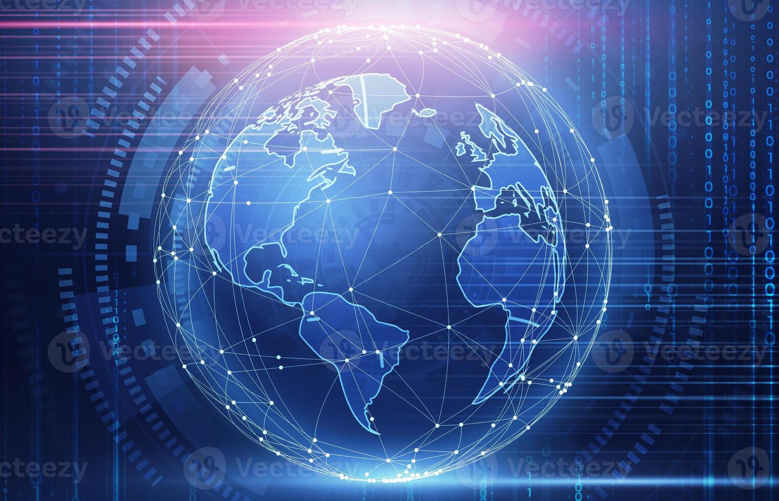 Global Network Connection. Creative Illustration Of Digital World Globe Over Abstract Binary Code Background photo