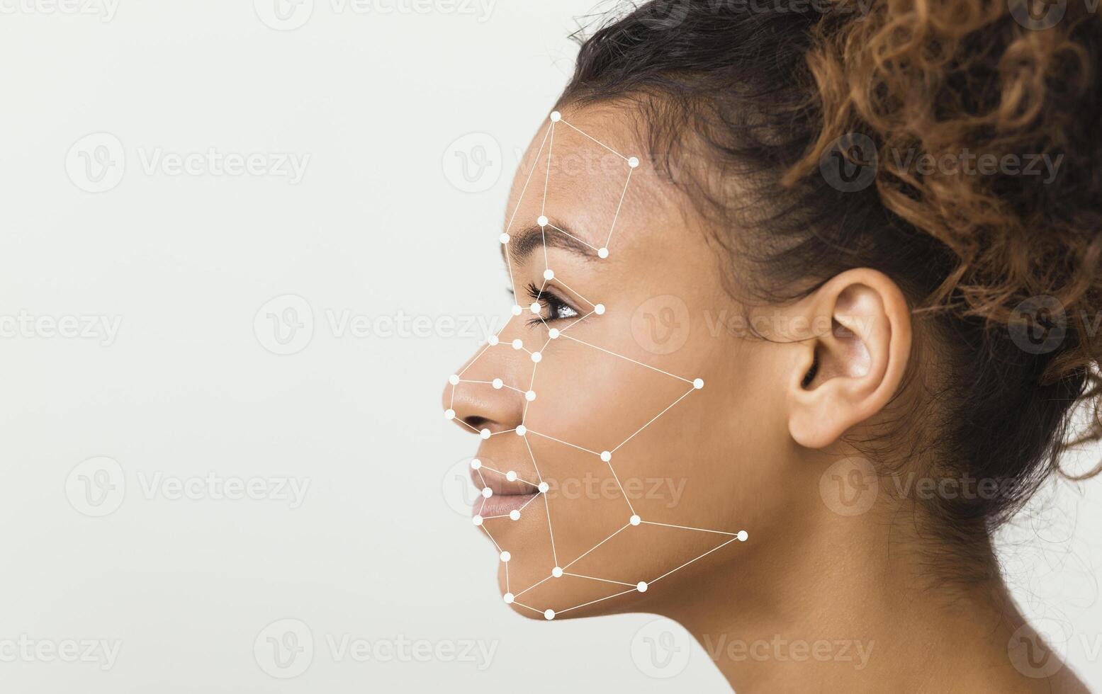 Biometric facial verification. African American woman with scanning grid on her face against light background, panorama with empty space photo