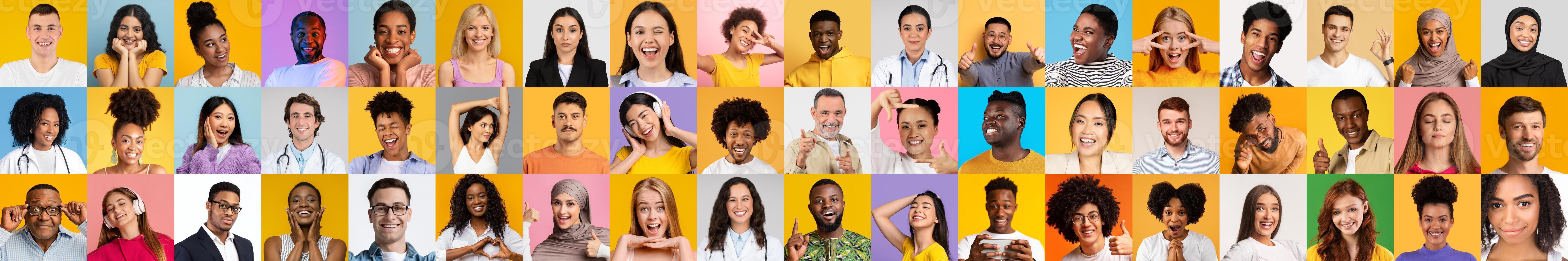 A lively collection of people from various backgrounds expressing happiness and individuality, captured against colorful backgrounds. Each face reflects a unique story in this vibrant set. photo