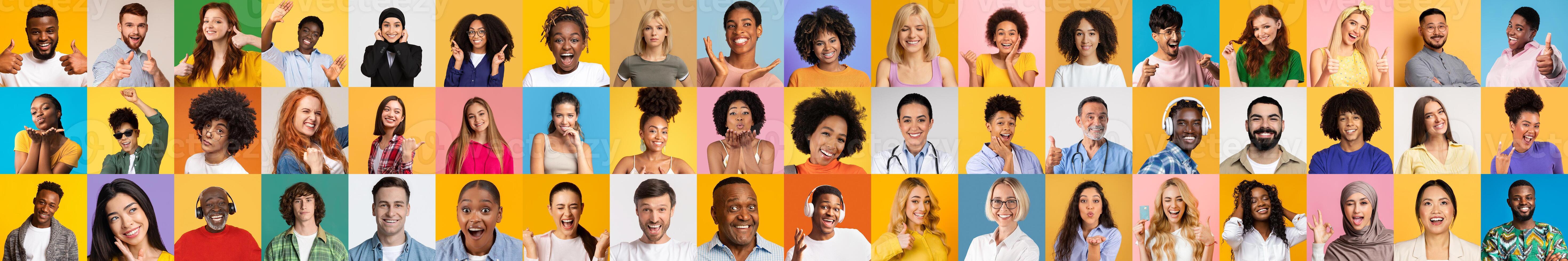 A vibrant collage displays diverse individuals from various backgrounds, highlighting their unique features and expressions against colorful backgrounds, celebrating diversity and inclusivity. photo