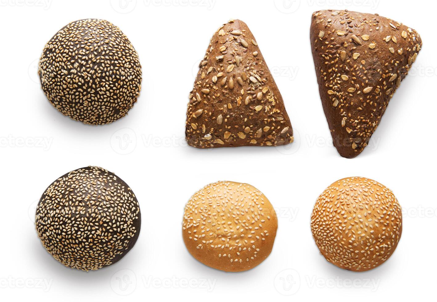 Buns and rolls assortment at white background. Triangle rye buns with sunflower seeds, black and white humburger buns with sesame. Flat lay, top view, isolated photo