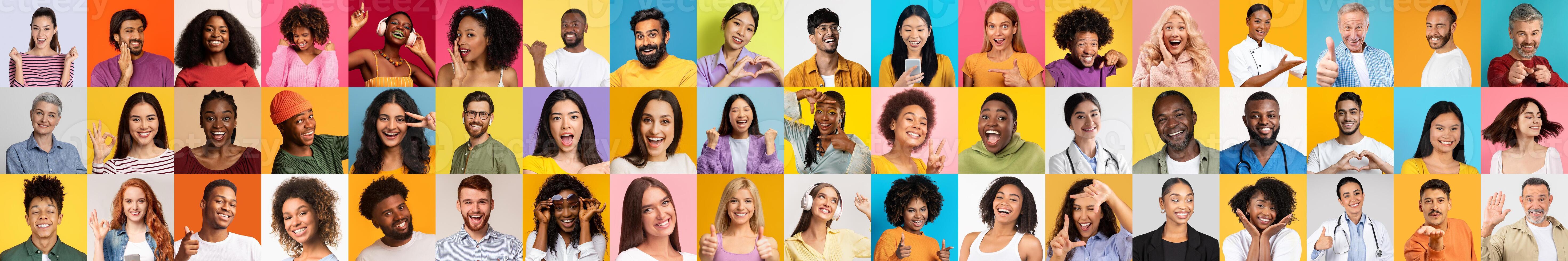 This lively collage captures diverse individuals expressing joy and connection against colorful backgrounds. Each face represents different cultures and lifestyles, celebrating unity in diversity. photo