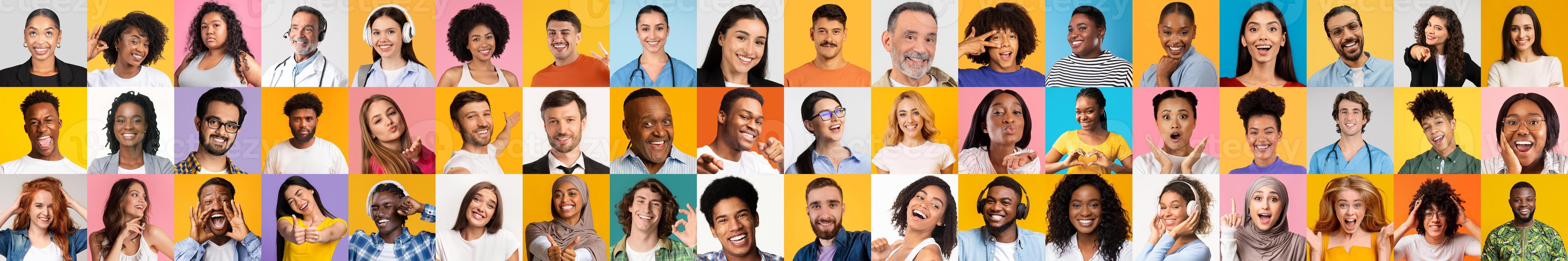This collage features a vibrant array of diverse individuals, capturing their joy and spontaneity against bright backgrounds. photo