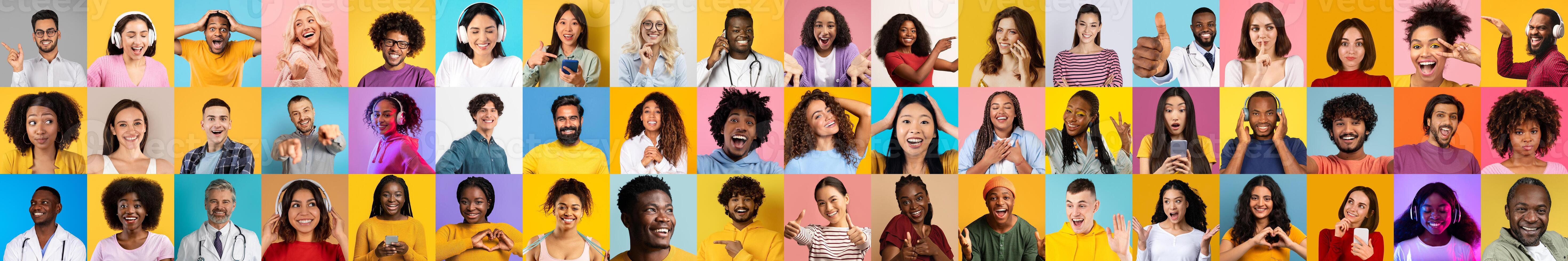 A vibrant collage showcases a variety of people smiling and expressing happiness. Each portrait reflects the beauty of diversity and diversity through their unique styles and backgrounds. photo
