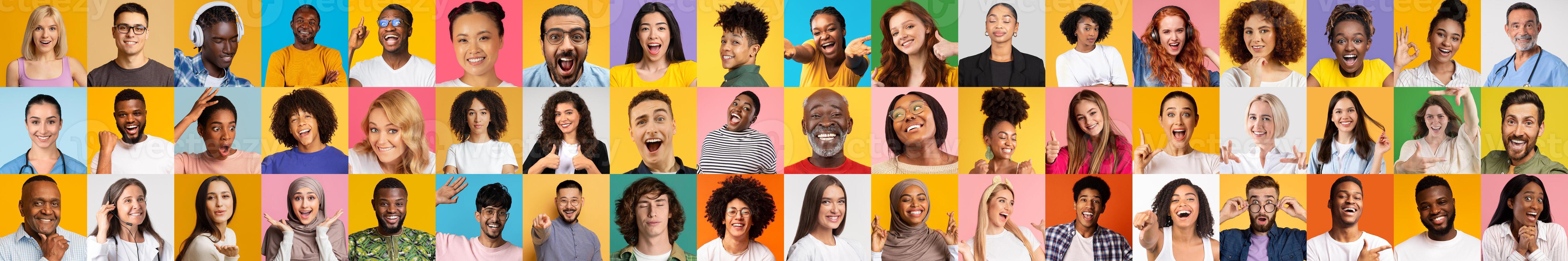 This lively collage features a diverse collection of faces, showcasing individuals from various backgrounds smiling and sharing joyful moments. The portraits highlight inclusivity and happiness. photo