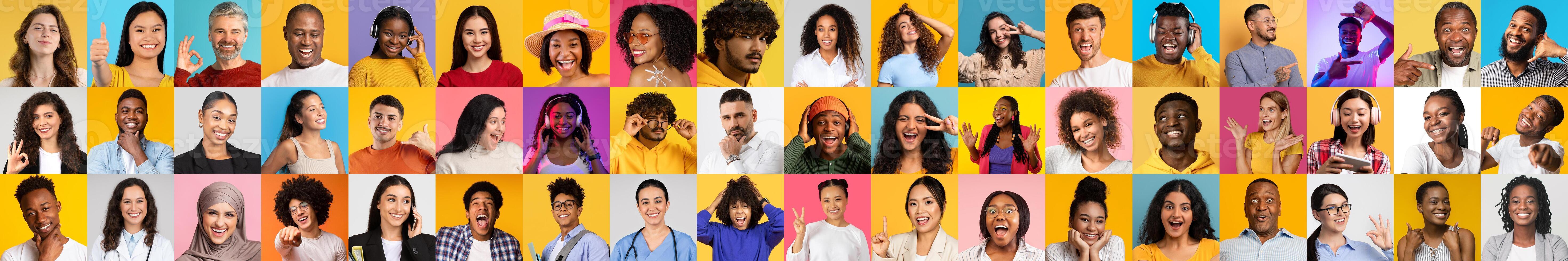 A vibrant collage features individuals of various backgrounds smiling joyfully. Each face displays a unique personality and lifestyle in bright, colorful backgrounds that celebrate diversity. photo
