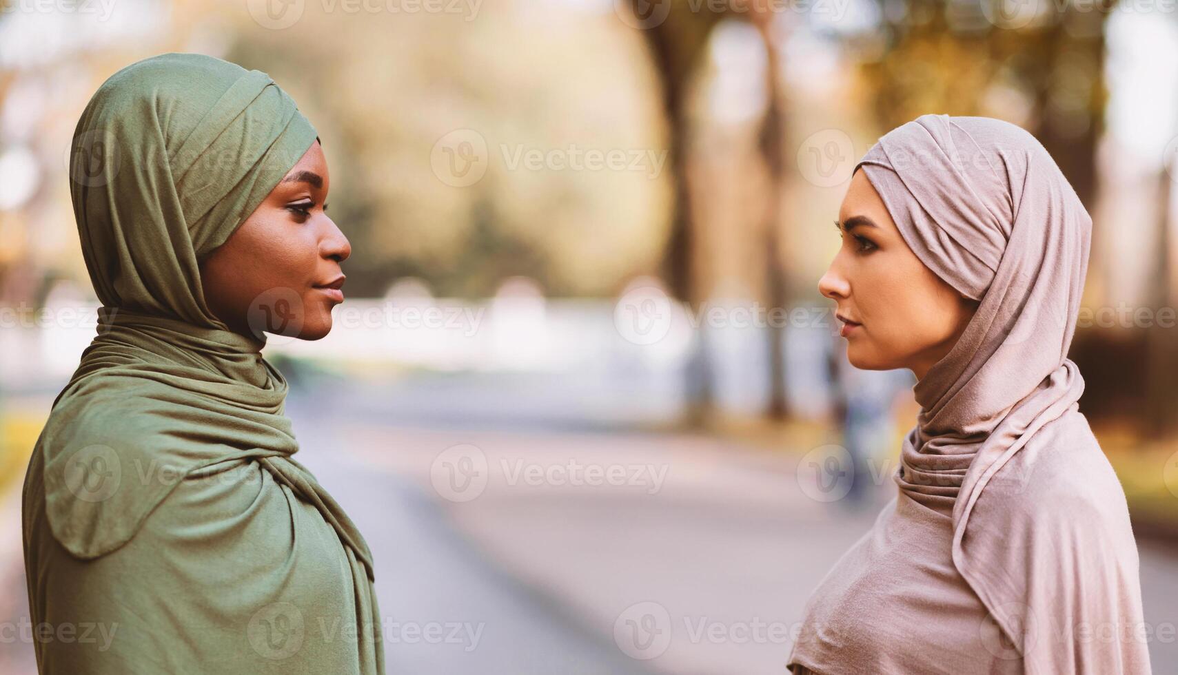 Two Muslim Women Enemies Standing Separately Looking At Each Other With Cool Attitude Posing In Park Outdoors. Fake Female Friendship, Snobbery Concept. Side View Portrait photo