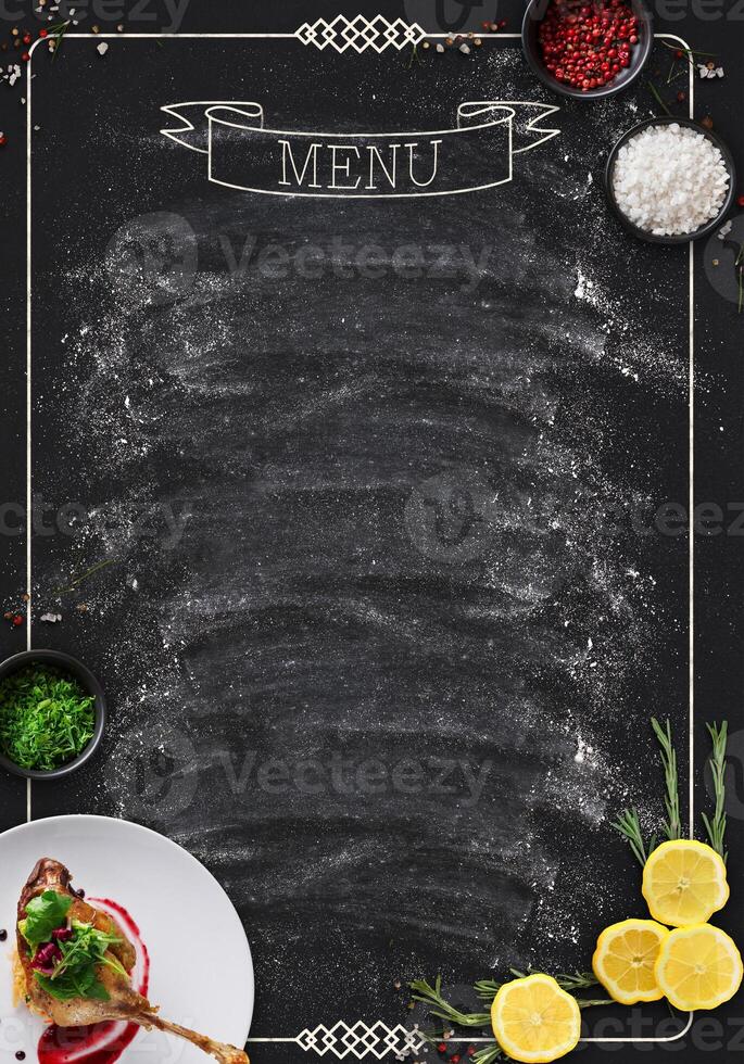 Design concept for restaurant menu mockup. Black rustic chalkboard with white inscription and vegetables frame, top view, copy space for text and logo photo
