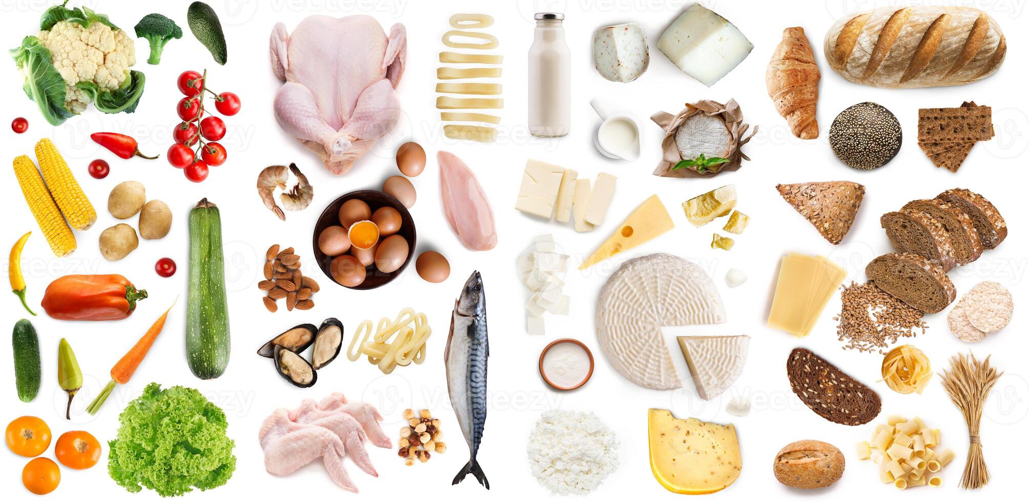 Bread, cheese, pasta and fish, meat, pepper and salad, isolated on white background, top view, panorama, collage. Balanced diet, set of healthy meal, food blog and delivery service of grocery products photo