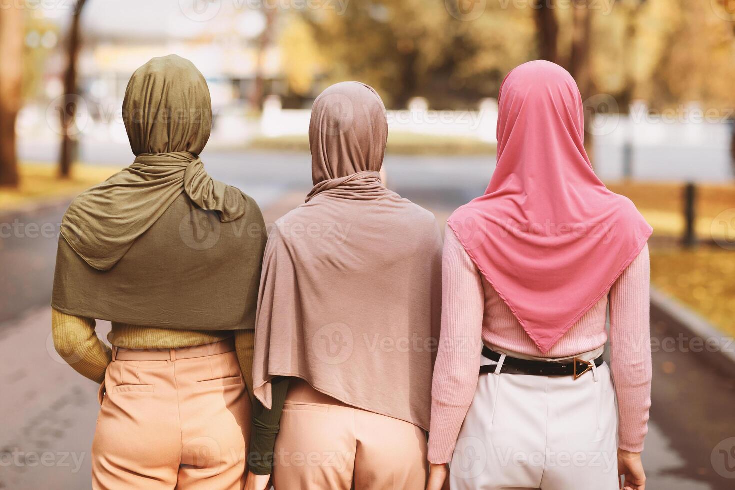 Rear View Of Three Muslim Ladies Wearing Hijabs Walking Together In City Park Outside On Autumn Day. Unrecognizable Islamic Females Friends Enjoying Walk Outdoors. Arabic Style And Fashion Concept photo