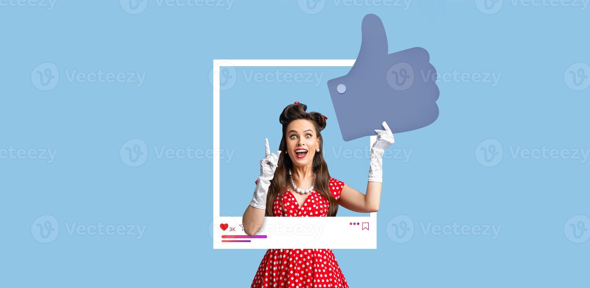 An enthusiastic influencer dressed in a polka dot outfit gestures a thumbs up while standing against a playful blue backdrop. The collage represents online engagement and positivity. photo
