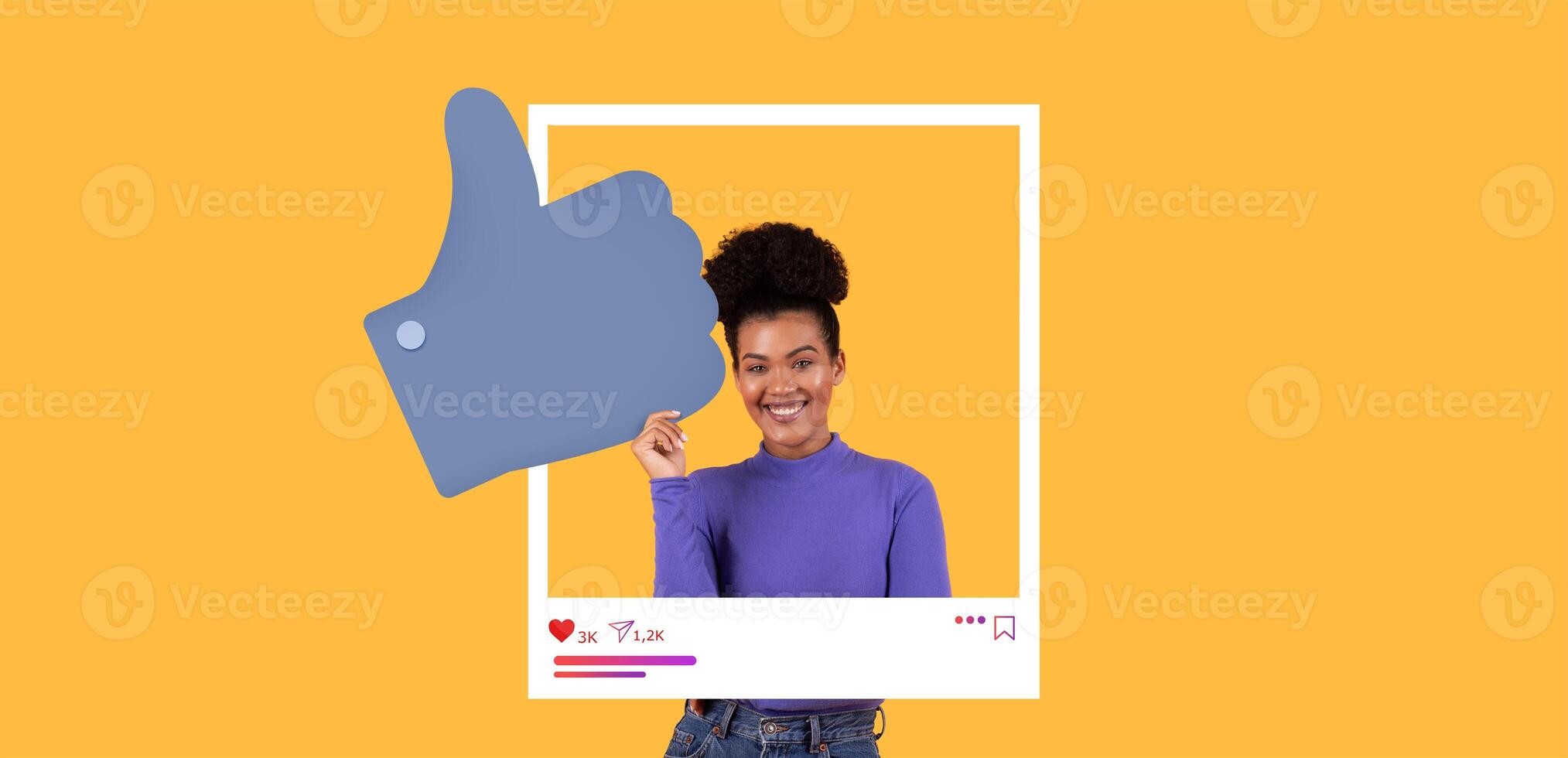 A young woman smiles and gives a thumbs up while posing for social media content. Bright yellow background and playful collage decor enhance the lively vibe of digital connection. photo