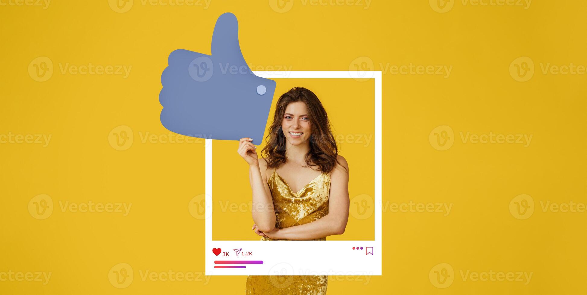 A woman in a golden dress stands in a social media-style frame, smiling and giving a thumbs up. Bright yellow background enhances her joyful expression and positive energy for online content. photo
