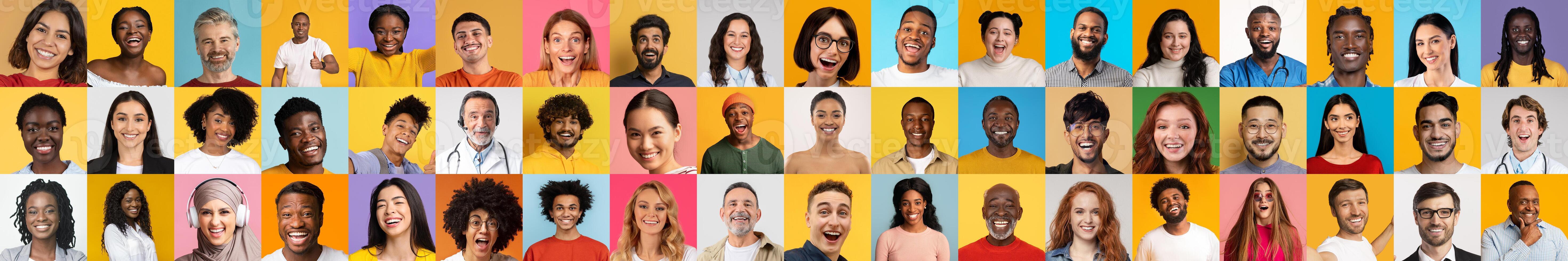 This lively collection showcases portraits of diverse individuals expressing joy and connection. Each face represents a unique background, highlighting the beauty of diversity in society. photo