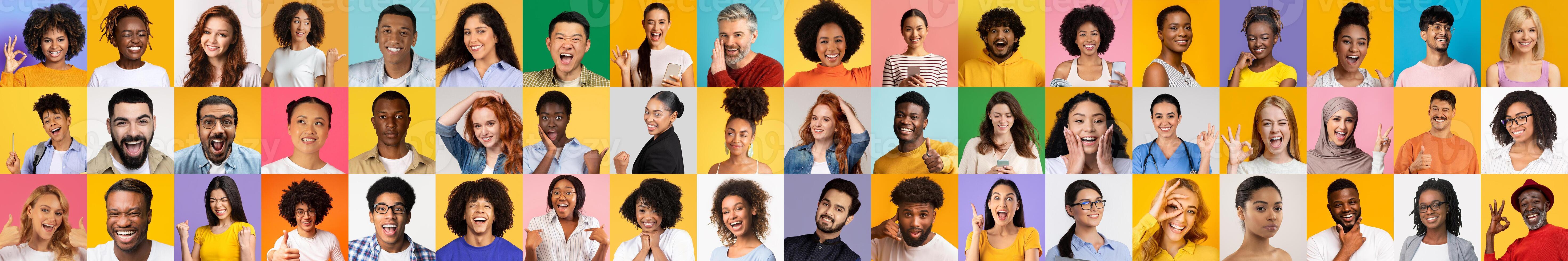 A colorful collection of portraits featuring diverse individuals from various backgrounds smiling and expressing happiness. Each face radiates joy, highlighting unity in diversity. photo