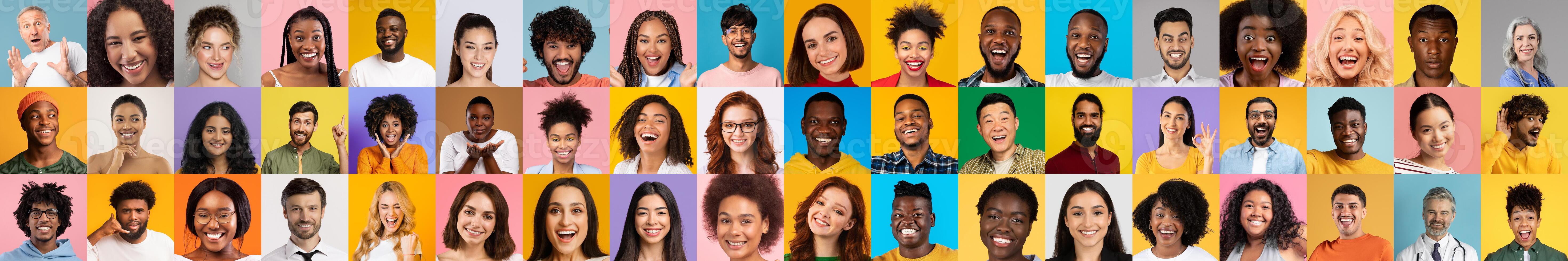 A vibrant collage features diverse individuals smiling joyfully against colorful backgrounds. Each portrait represents a unique story and cultural identity, celebrating unity in diversity. photo