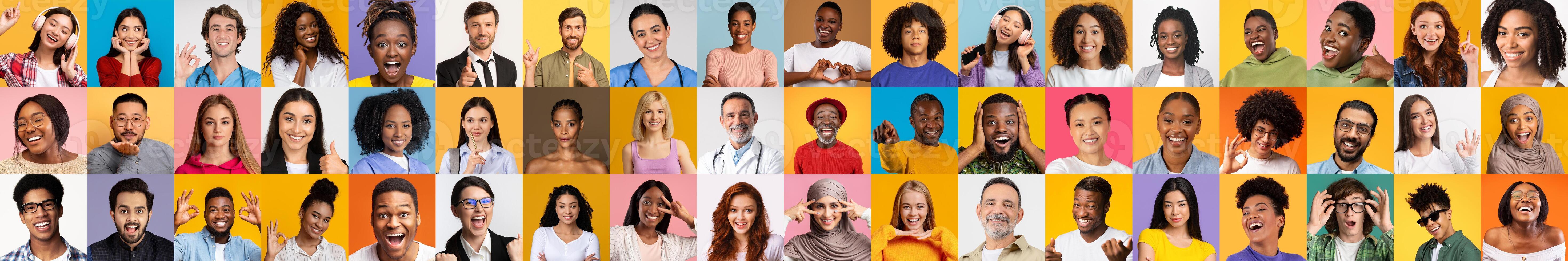A collection of diverse individuals from various backgrounds display their joyful personalities. Each person captures a distinct moment, reflecting the richness of diversity and unity. photo