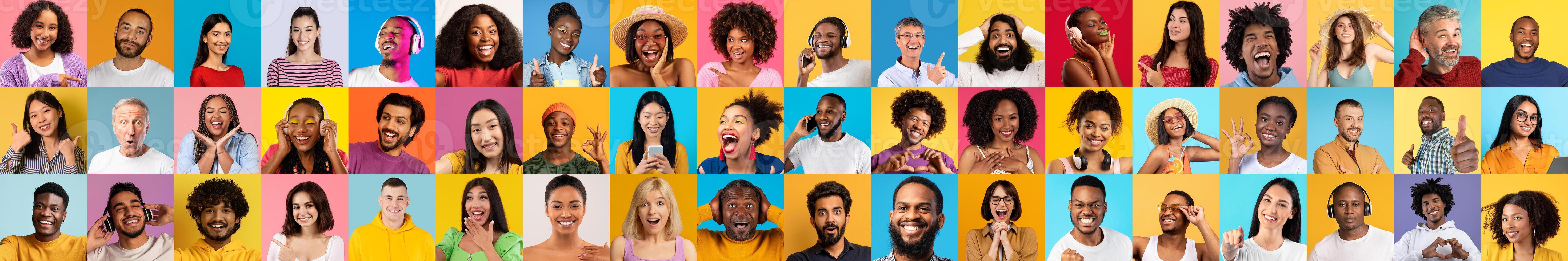 A colorful collection of portraits showcasing smiling individuals from various backgrounds. Each person radiates happiness, highlighting the beauty of diversity and unity. photo
