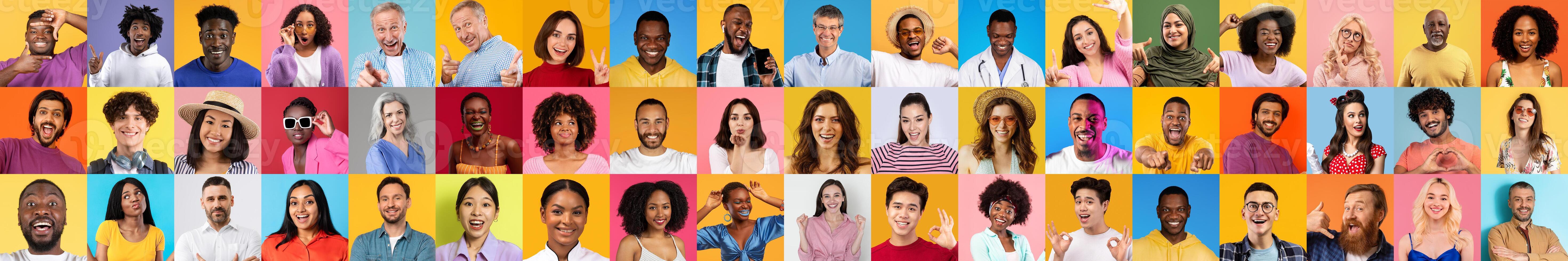 A vibrant collection of diverse individuals showcases various expressions and styles against bright backgrounds. This lifestyle portrait highlights diversity and the beauty of diversity. photo