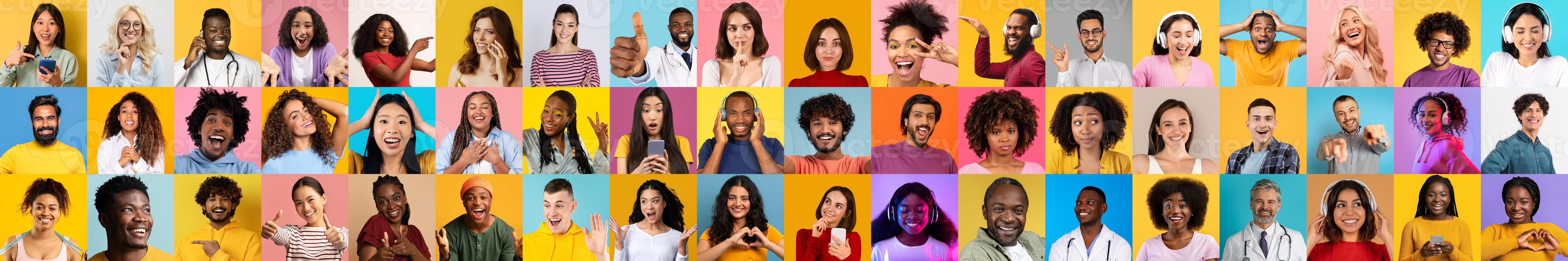 A vibrant collage showcasing a diverse group of people smiling and expressing joy. Individuals pose against colorful backgrounds, highlighting their unique lifestyles. photo