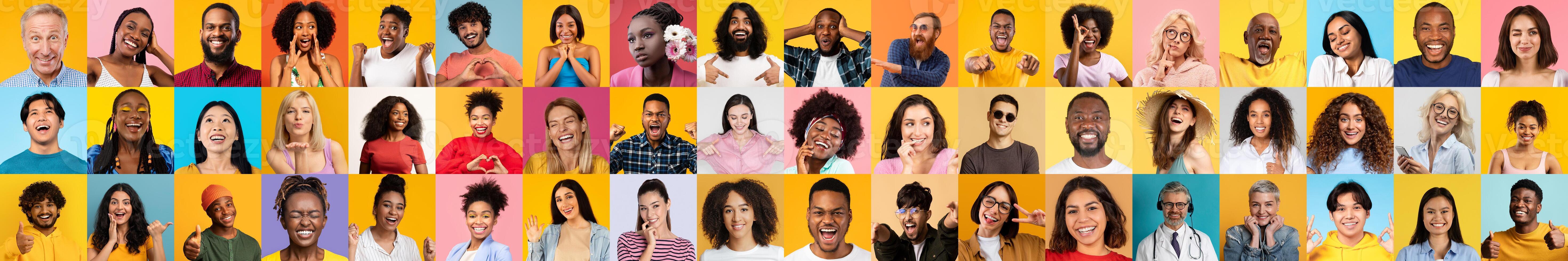 A vibrant collage of diverse faces representing various backgrounds, all smiling and celebrating life against colorful backdrops. Each individual exudes joy and warmth. photo