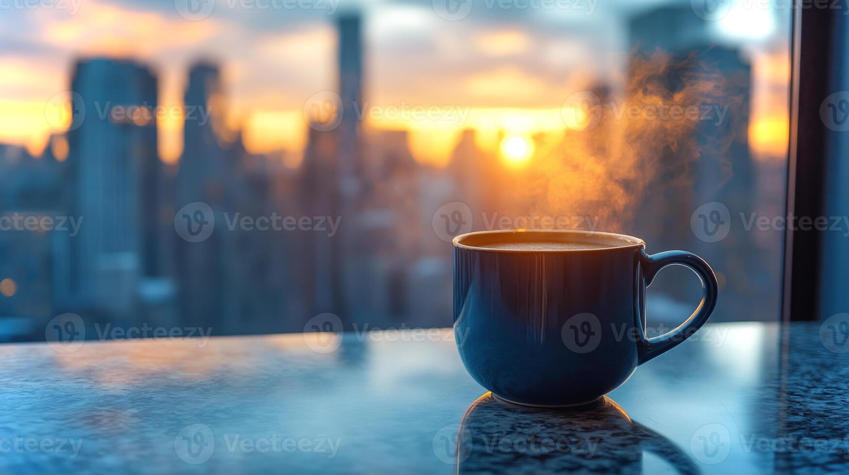 A steaming cup of coffee sits on a table as the sun rises over a city skyline. photo