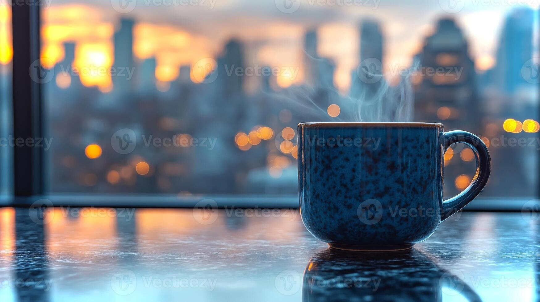 A steaming cup of coffee rests on a table as the skyline glows in warm colors during sunset. photo