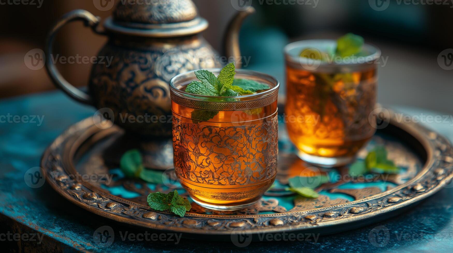 Mint tea is carefully prepared in elegant glasses with a vintage teapot and fresh mint garnish. photo