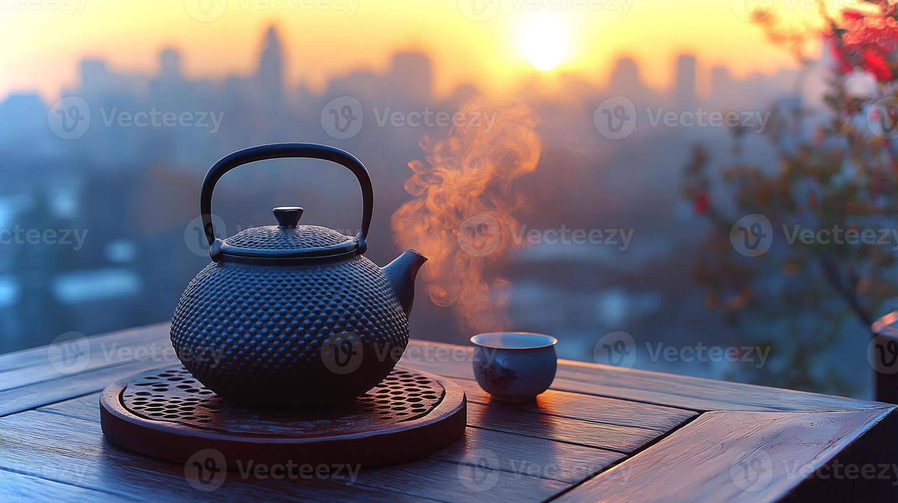 A cast iron kettle steaming beside a cup during sunrise, with a city skyline in the background. photo