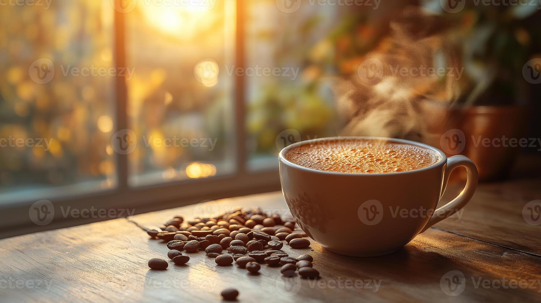 A steaming cup of coffee sits on a wooden table with scattered beans in warm sunlight. photo