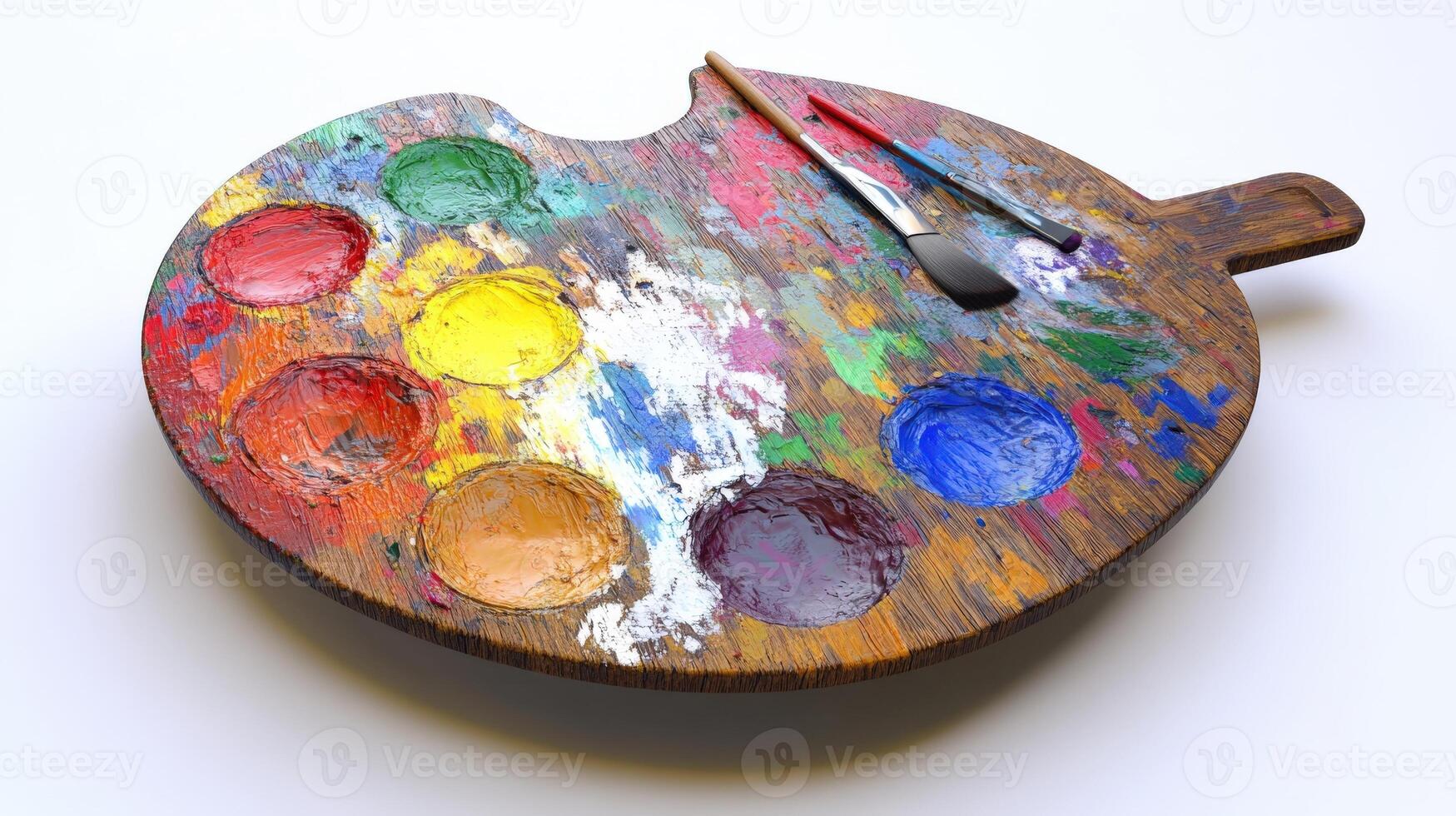 Colorful, used 's palette with paint and brush. photo