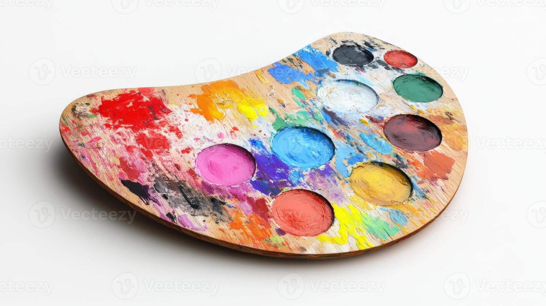 Used wooden paint palette with vibrant colorful pigments. photo