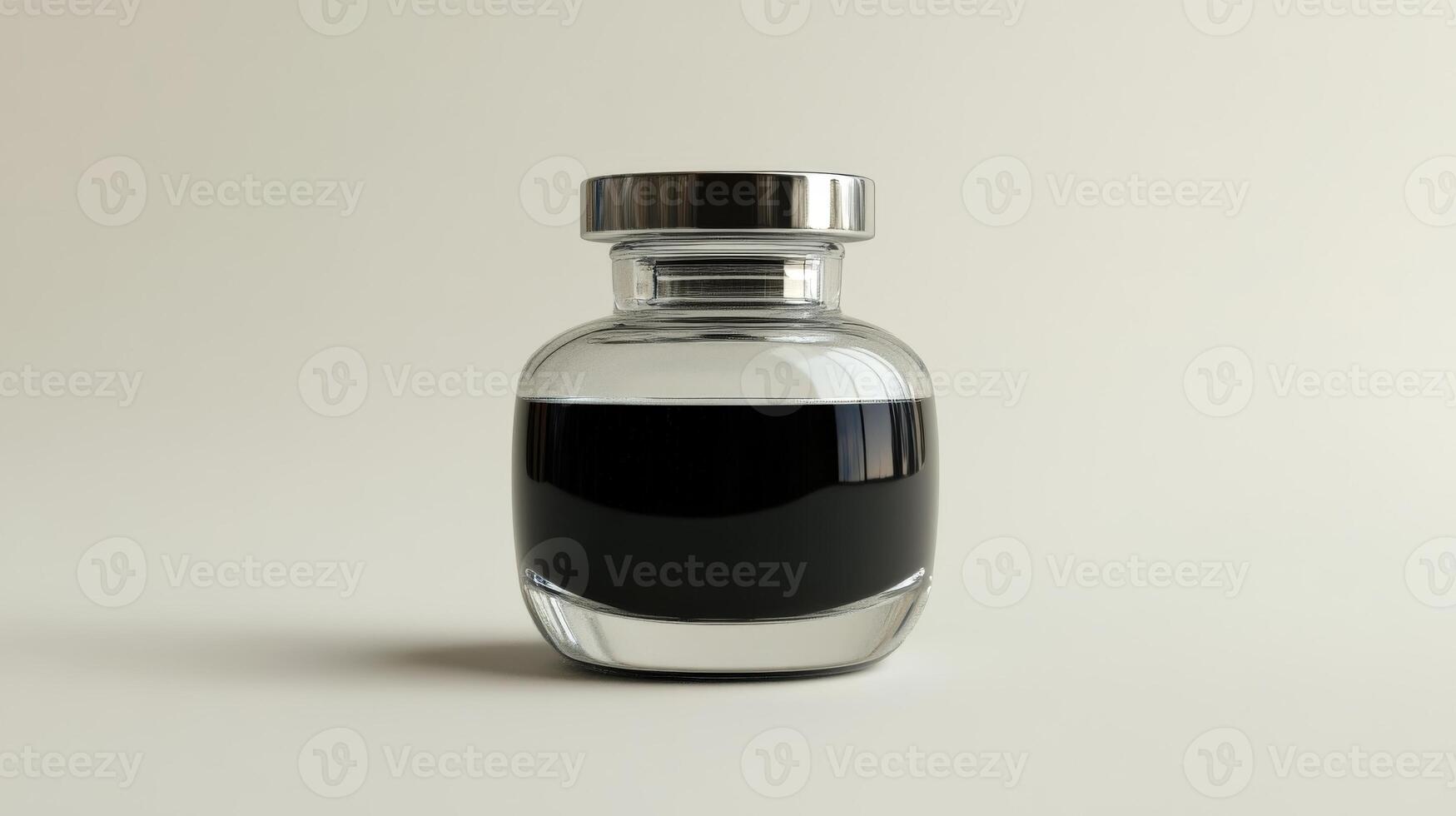 Elegant, dark liquid filled glass bottle on light background. photo