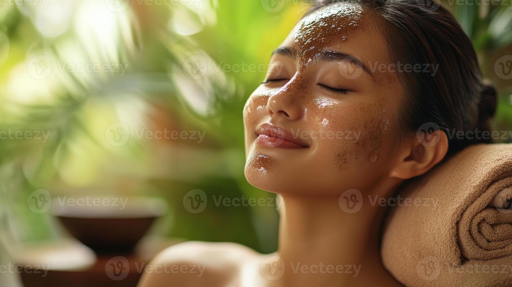 Peaceful woman with facial mask in spa setting. photo