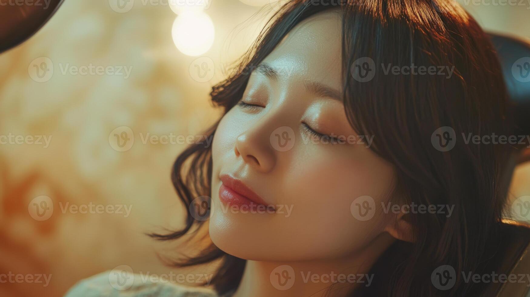 A woman is relaxing in a chair with her eyes closed photo