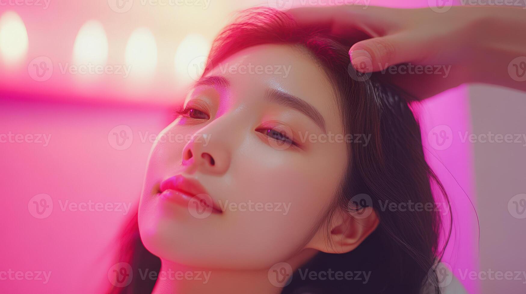 Close-up of a young woman's face bathed in vibrant, soft light. photo
