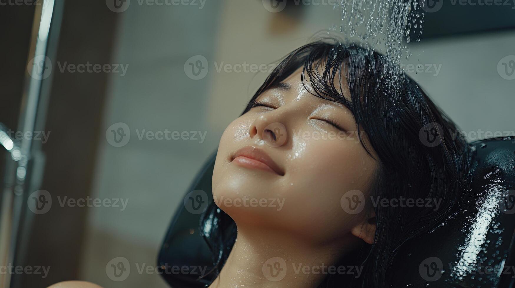 Relaxed young woman enjoying a gentle shower. photo