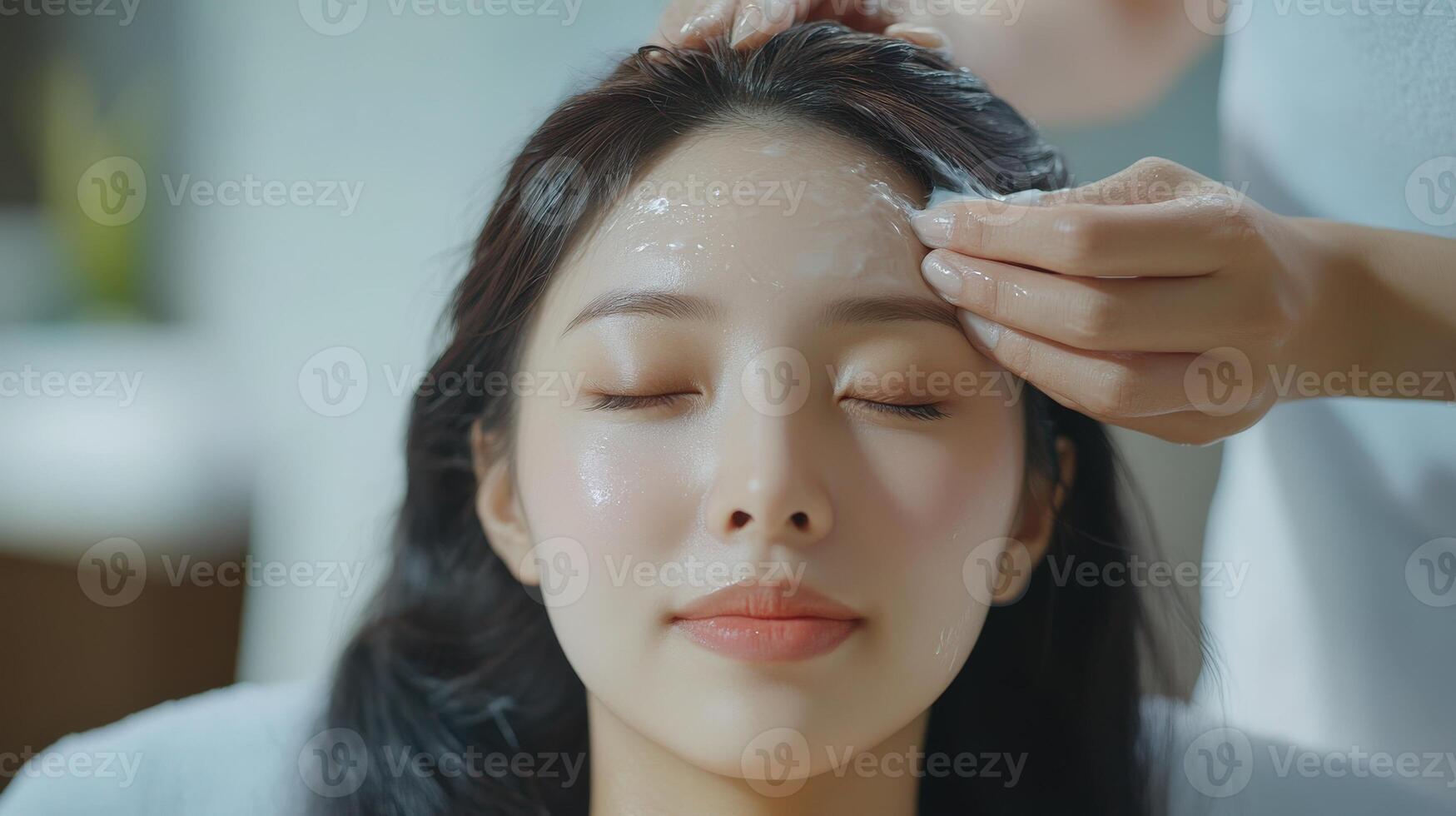 A young woman receiving facial treatment in a spa. photo
