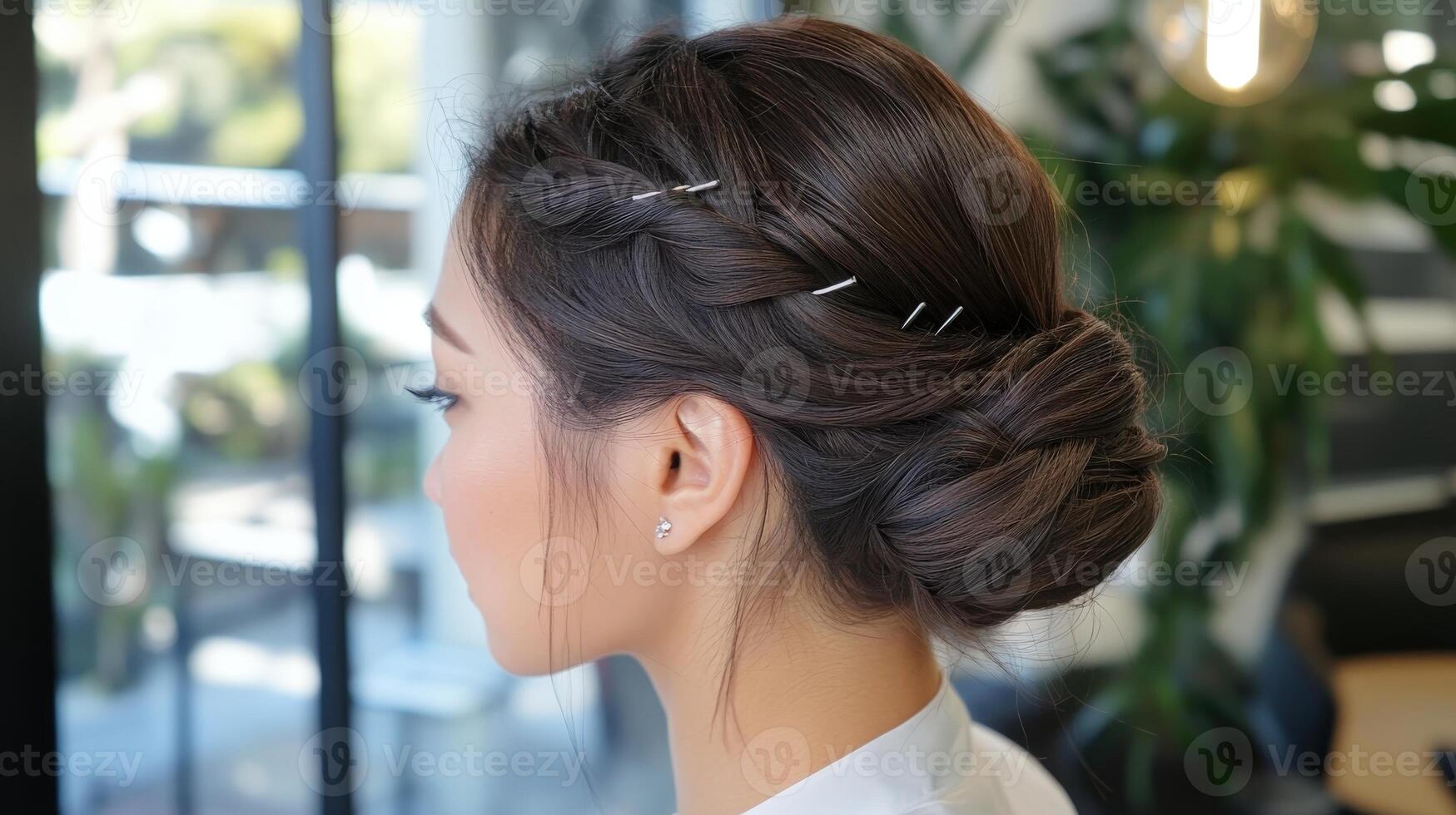 Elegant updo hairstyle with intricate braided crown. photo