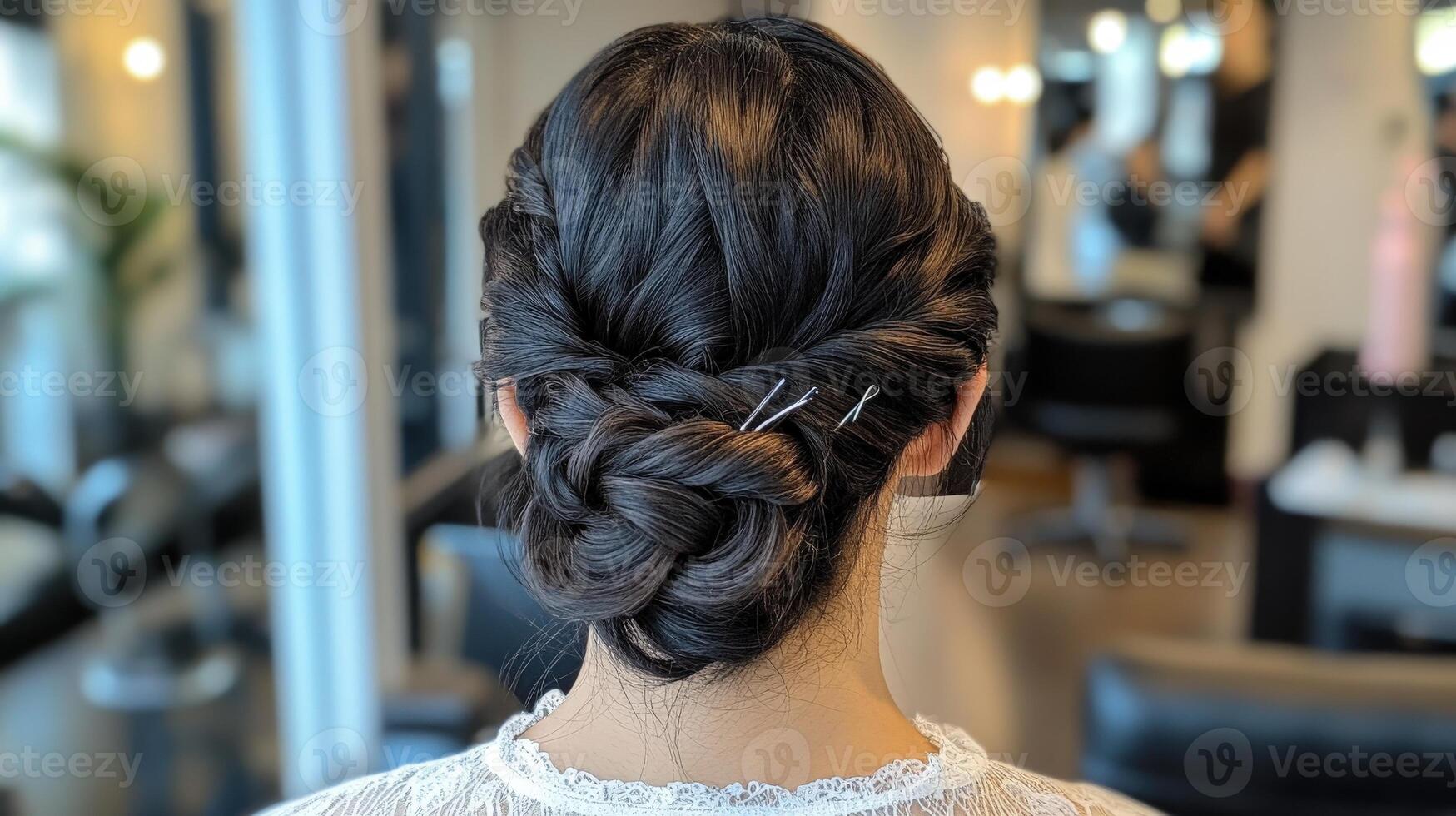 Elegant updo hairstyle styled on a woman's head. photo