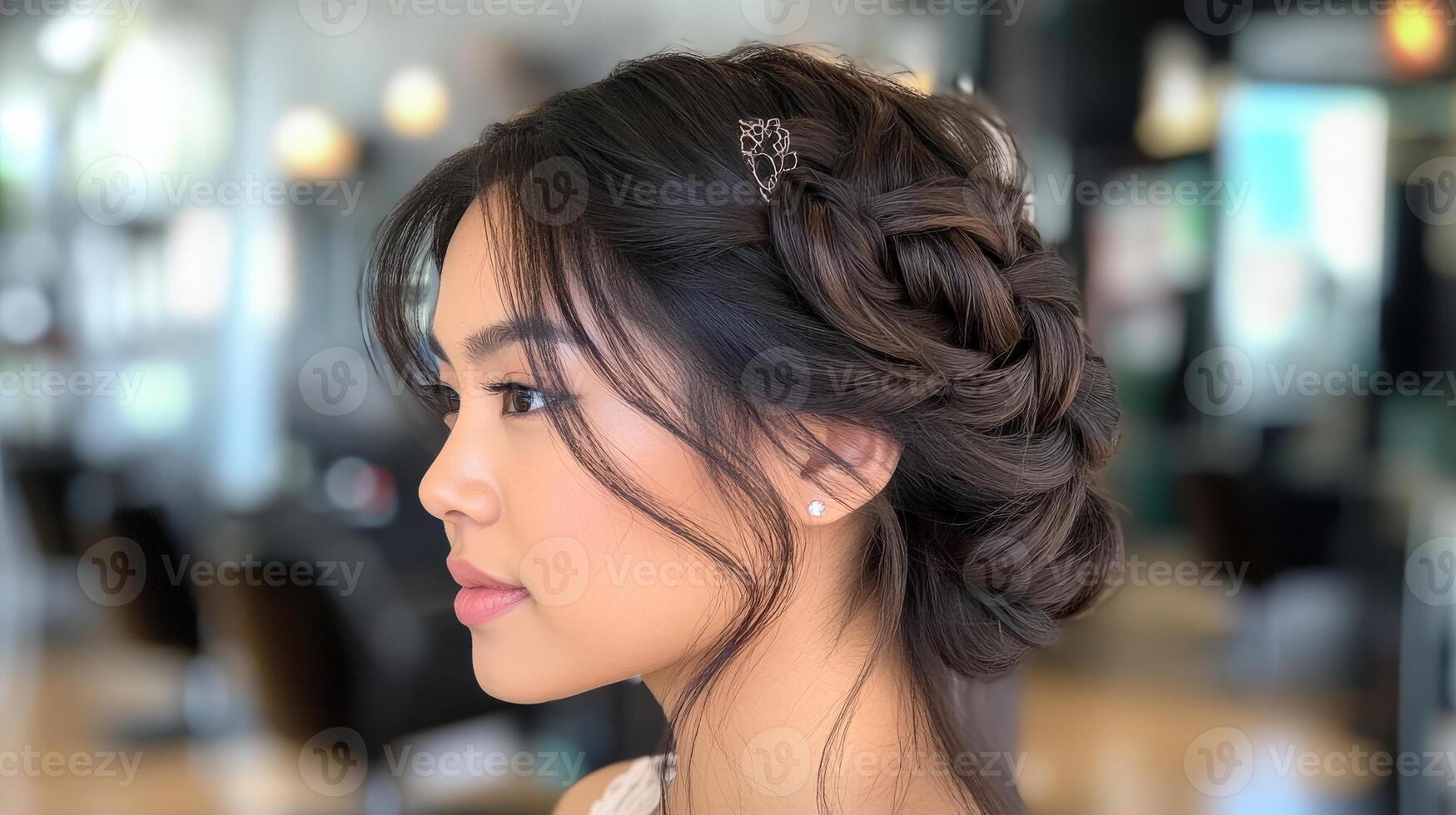 Elegant braided hairstyle on a young woman. photo