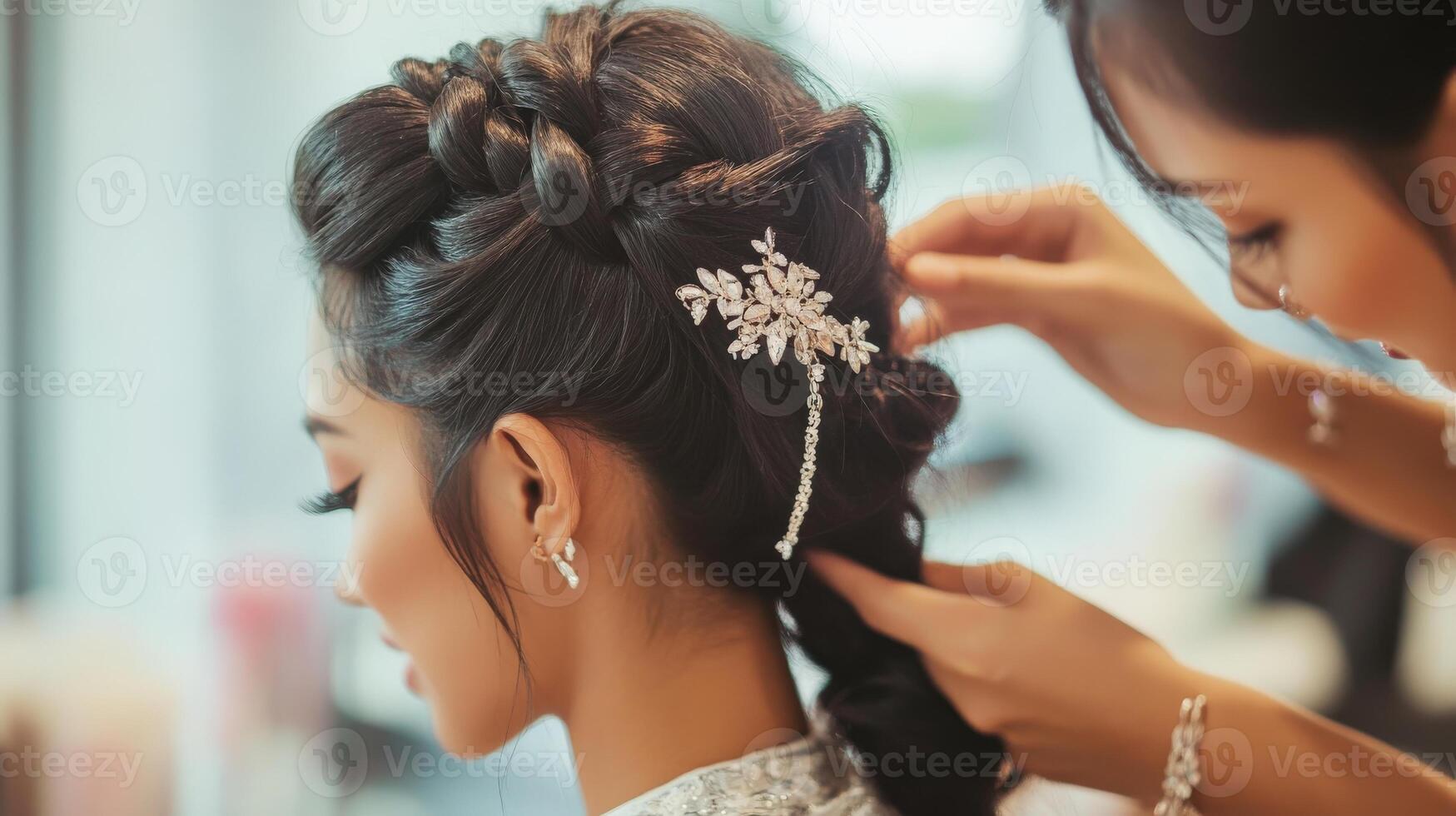 Close-up view of intricate braided hairstyle being styled. photo