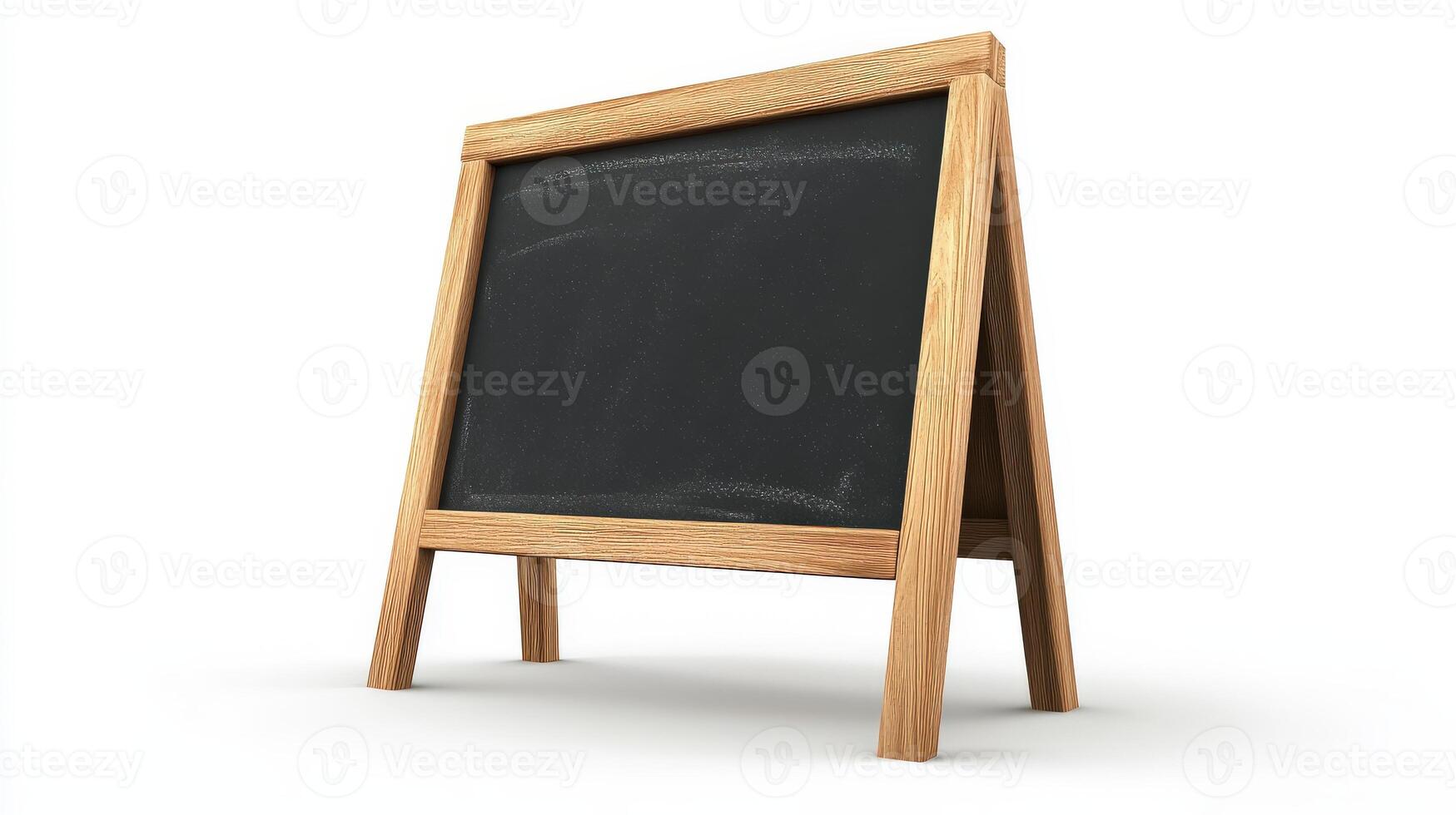 Empty wooden easel chalkboard display against a white background. photo